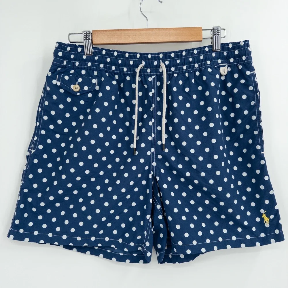 Polo Ralph Lauren Swim Trunks Men Large Navy Polka Dot Preppy Nautical Summer